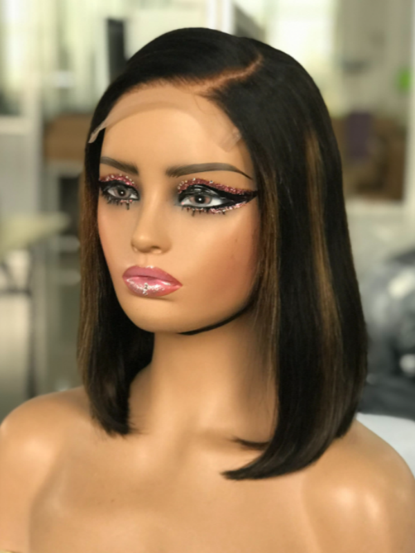 LWIGSINC 200% Density Yaki Straight Black Mix Brown 5x5 Korean HD Lace Wigs 10'' (55AD-YK-1BD/T1B 30#-10-H8)