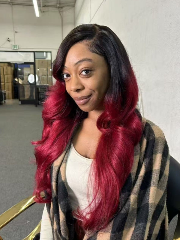 LWIGSINC Wear And Go 22 Inch 200% Density Ombre Burgundy Korean HD Glueless 5x5 Lace Closure Wigs (55AD-VBW-T1B/530#-22-H5)