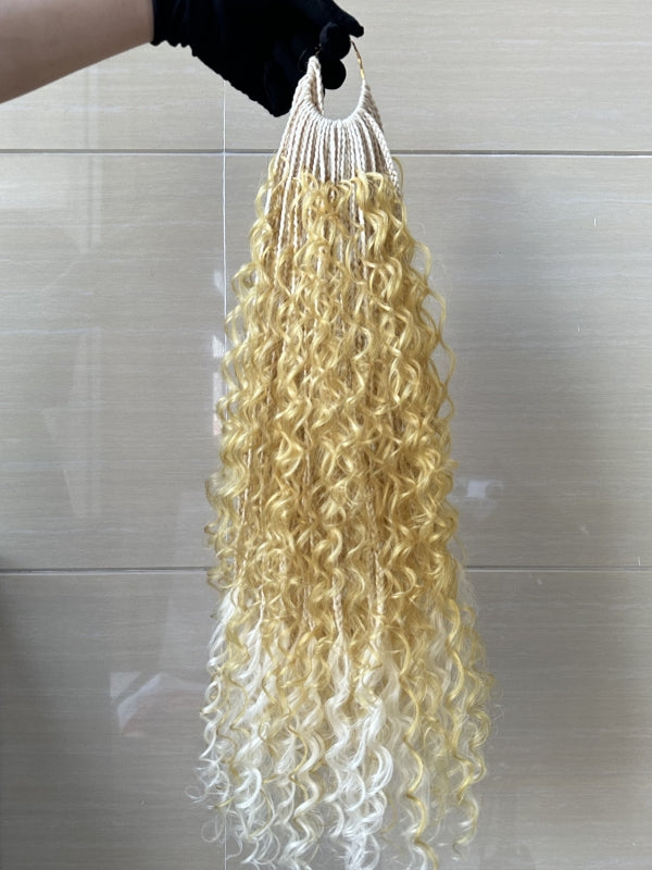 Pre-looped Crochet Box Braids 18 Inch with Human Hair Curls Yellow #613 Blonde Mix Ash White