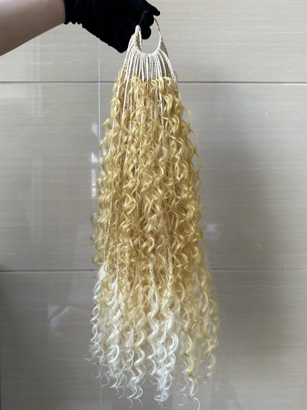 Pre-looped Crochet Box Braids 18 Inch with Human Hair Curls Yellow #613 Blonde Mix Ash White