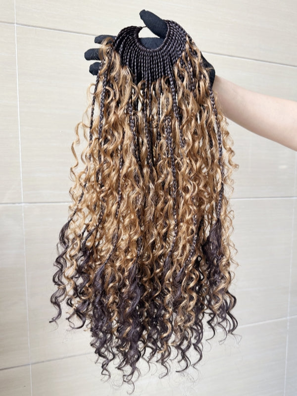 #30 Brown Ombre Crochet Boho Box Braids with Human Hair Curls 18''