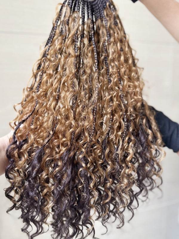 #30 Brown Ombre Crochet Boho Box Braids with Human Hair Curls 18''