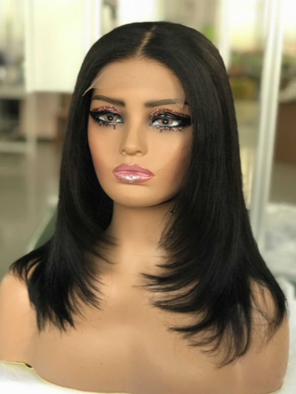 LWIGSINC 12 Inch 200% Density Yaki Straight With Layer 5x5 Korean HD Lace Wigs (55AD-YK/GC-1B-12-H5)