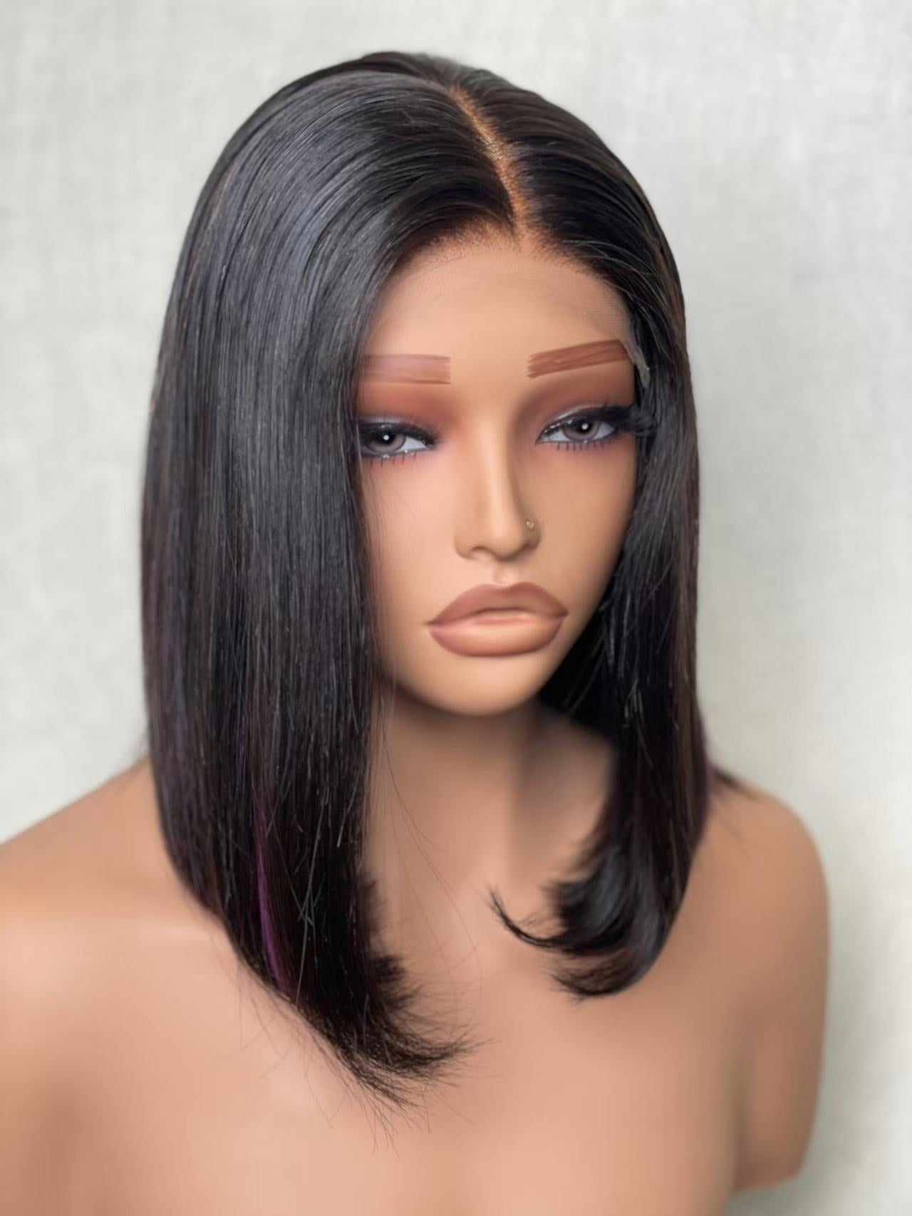 Super Natural Hairline Silky Blunt Cut Bob Glueless 5x5 Closure Lace Wig (10, 12 inch)