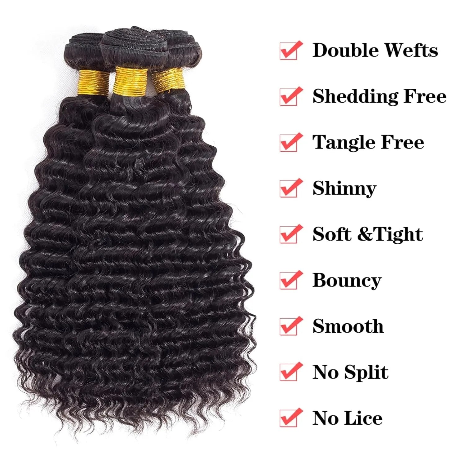 LWIGSINC #1B Color/Natural Color Deep Wave Brazilian Human Hair Bundles LQ1220-3
