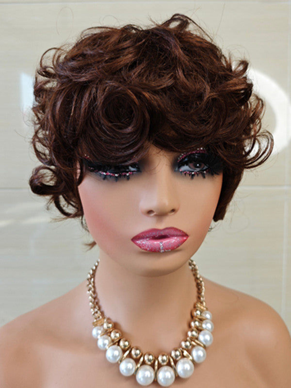 LWIGSINC Brown Color 5 Inches 150% Density Pixie Wavy Haircut Full Lace Wigs LQ1230-2