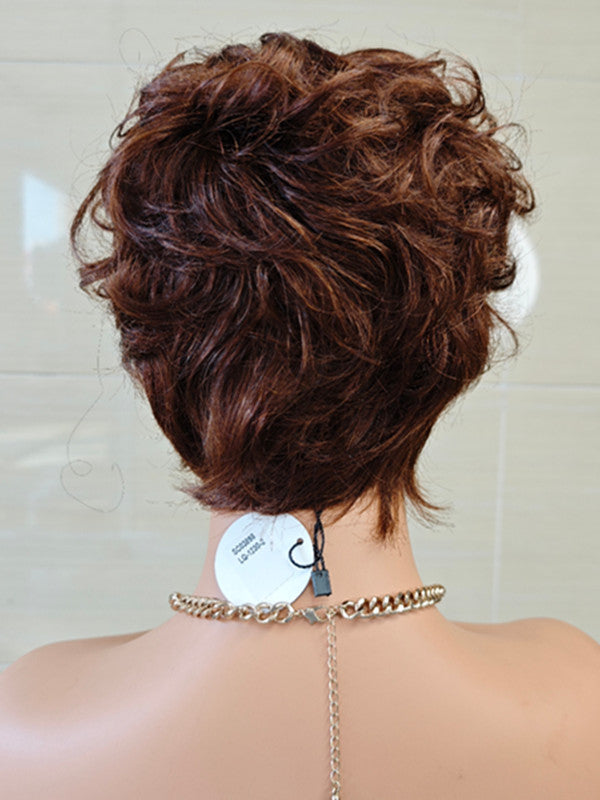 LWIGSINC Brown Color 5 Inches 150% Density Pixie Wavy Haircut Full Lace Wigs LQ1230-2