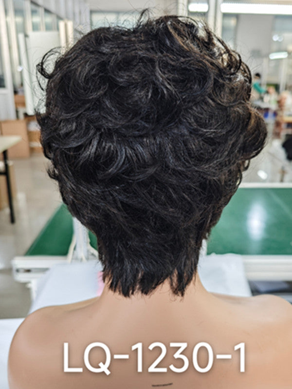 LWIGSINC Natural Color 5 Inches 150% Density Pixie Wavy Haircut Full Lace Wigs