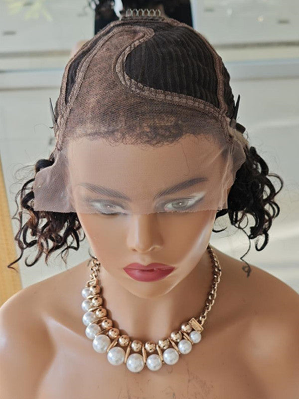 LWIGSINC Side Part 12 Inch 150% Density Human Hair Loose Curly T-Part Lace Wigs AY-10