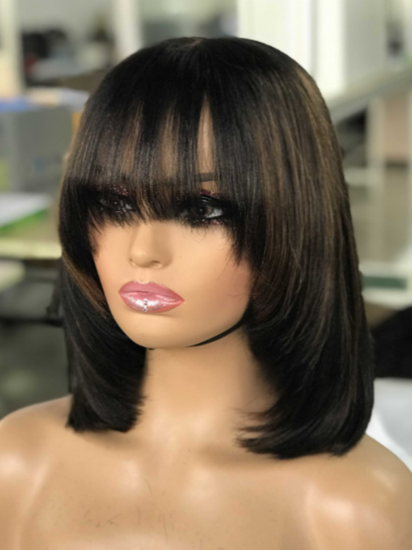 LWIGSINC 10 Inch 200% Density Highlight Color Korean HD Lace Silky Straight Bob Wig With Bangs (55AD-ST-NA/D30#-10-H8)